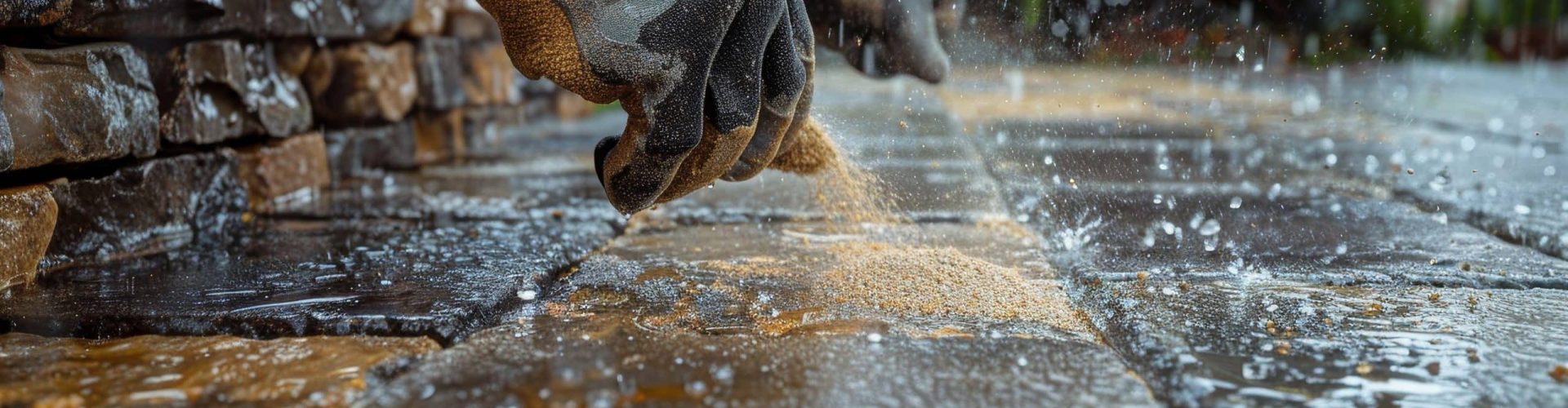 Hands in work gloves applying polymeric sand to pavers, with visible raindrops and water on the stones
