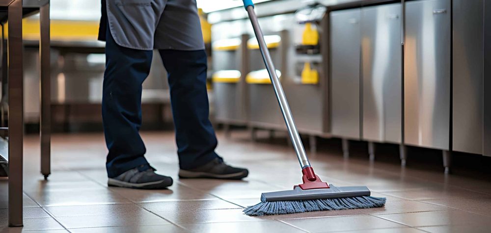 Man cleaning mopping a commercial restaurant kitchen floor. generative AI